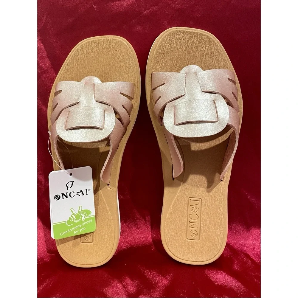 ONCAI Womens Sandals,Flat Dressy Square Toe Summer Beach Slides for Ladies‎ 7.5